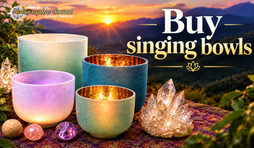 Crystal singing bowl with a suede mallet, cushion ring, and padded carrying case arranged together