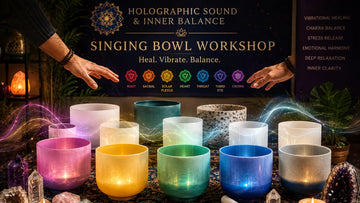 Colorful crystal singing bowls arranged for a singing bowl workshop with chakra meditation bowls, glowing healing energy, and sound therapy ambiance.