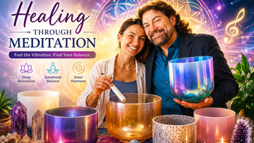 Gemstone-infused crystal singing bowls used for healing through meditation and sound therapy in a calming spiritual wellness setting.