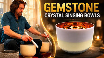 Gemstone crystal singing bowls used during a calming sound healing and meditation session.