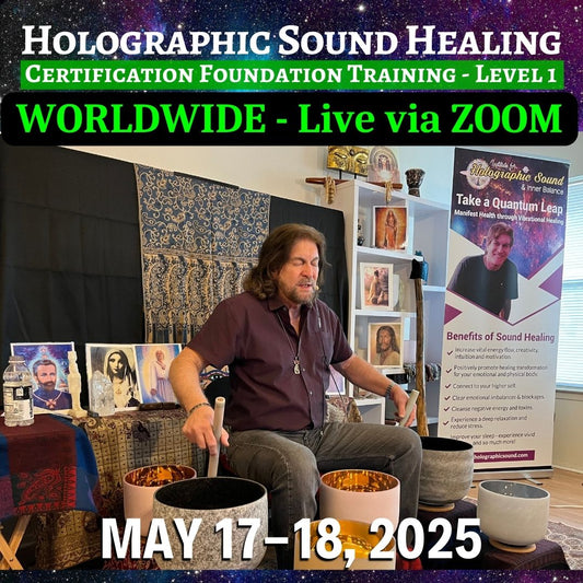 Worldwide Live via Zoom Holographic Sound Healing Level 1 Foundation Training with Dr. Paul Hubbert teaching. In this workshop we will be blending the voice and crystal singing bowls.