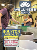 Wellness Expo promotional flyer in Houston-Conroe, TX, featuring a showroom, ceramic planters, and lotus logo.